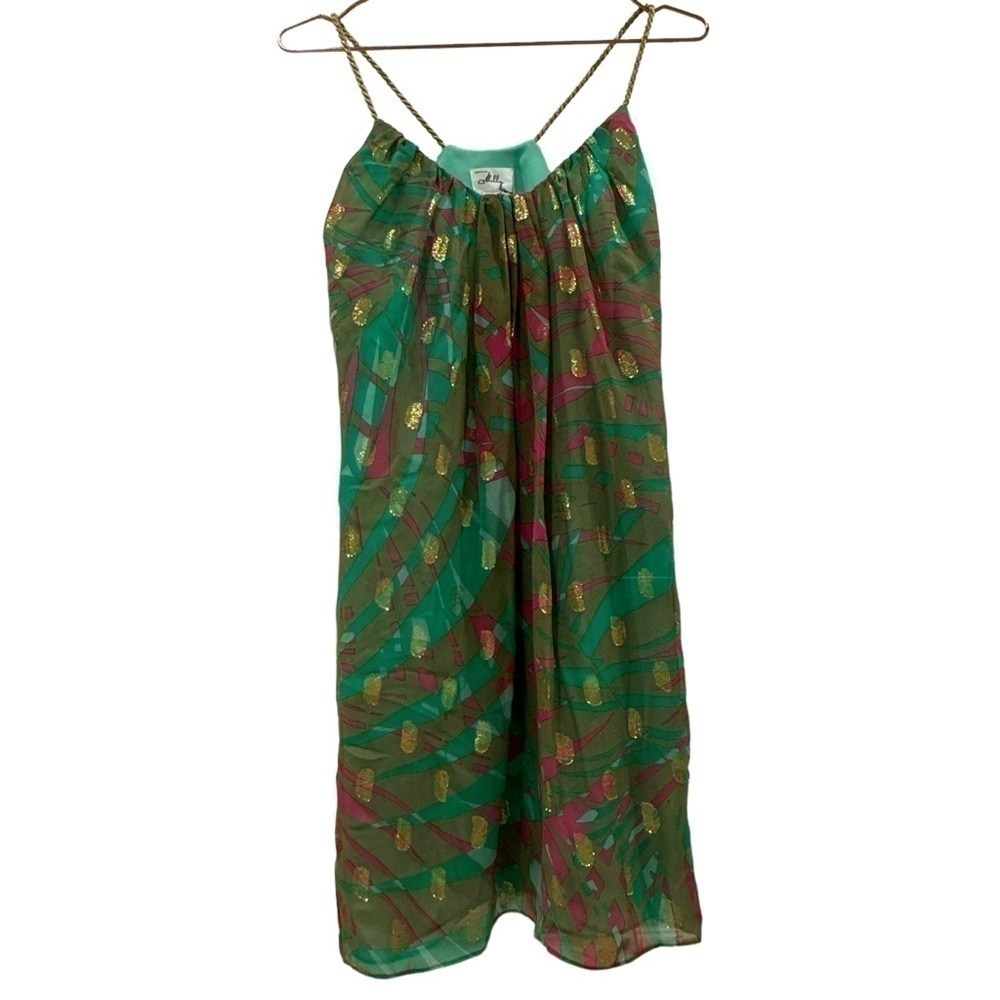 MILLY Pink and Green Metallic Mini Dress with Gold Rope Straps Size 2 GUC